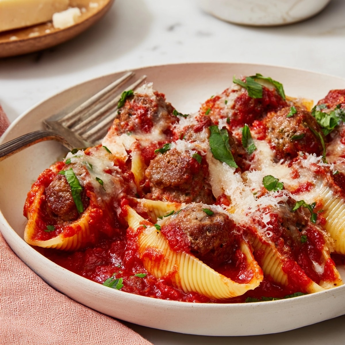 Golden baked Meatball Stuffed Shells recipe, bubbling cheese, served hot from oven.