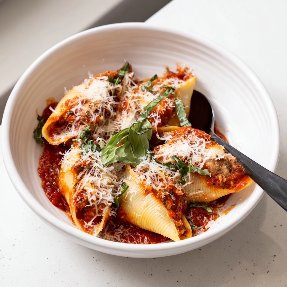 Close-up of cheesy Meatball Stuffed Shells; pasta, juicy meatballs, rich tomato sauce.