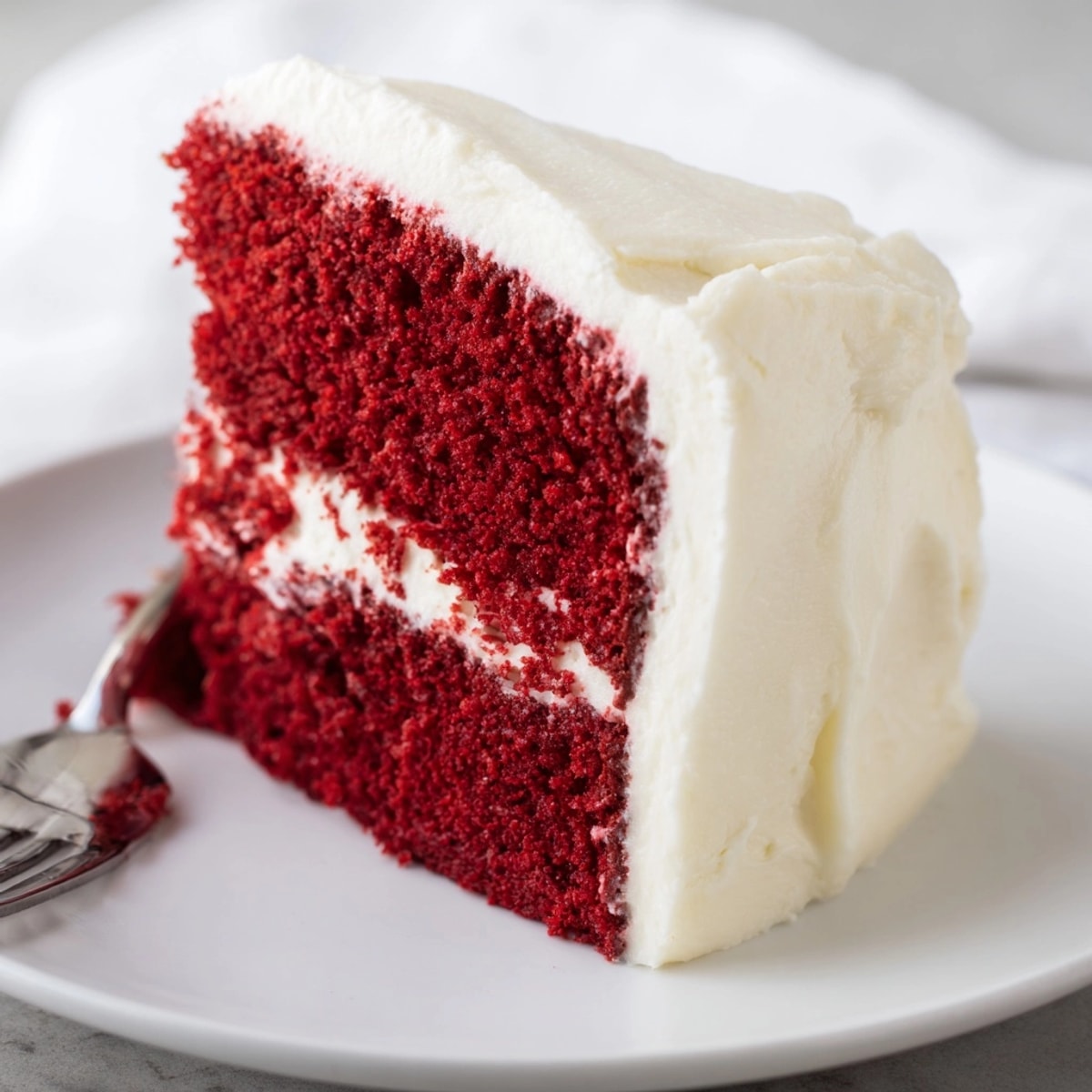 Slice of Sour Cream Red Velvet Cake with creamy frosting, ready to eat.