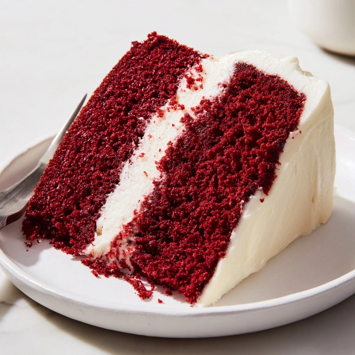 Perfect Sour Cream Red Velvet Cake layers, frosted, and being served for dessert.