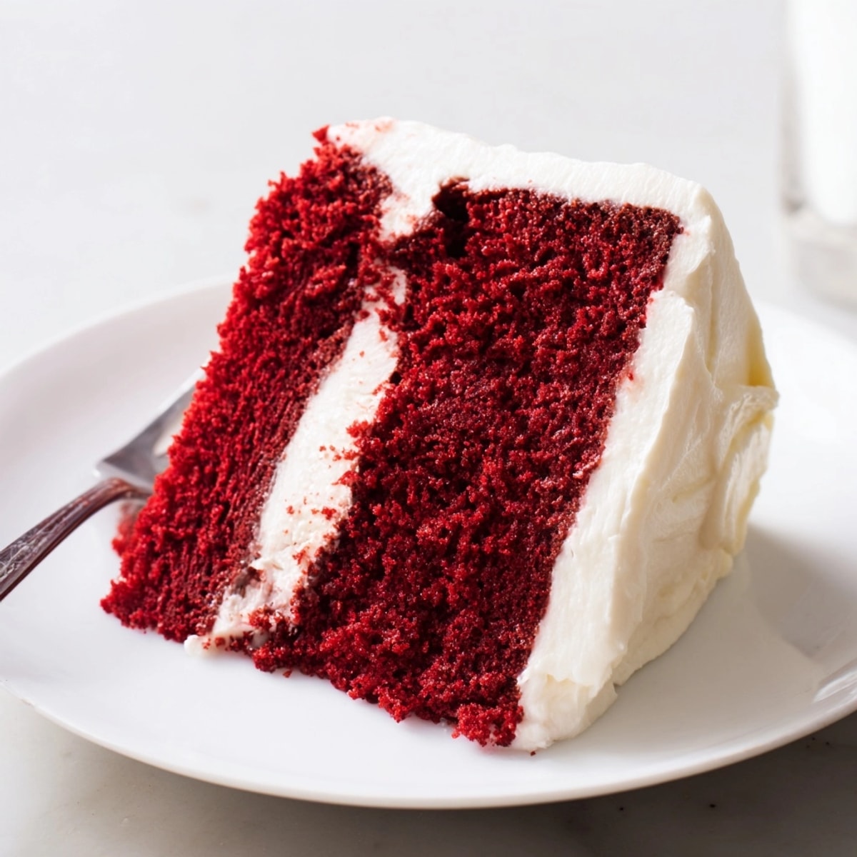 Homemade Sour Cream Red Velvet Cake, displaying the deep red crumb and tangy frosting.