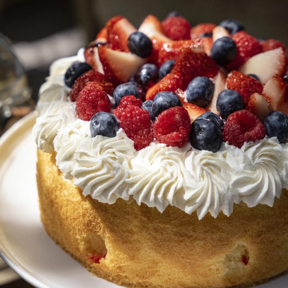 Golden Mary Ann cake with berries, whipped cream, ready for afternoon tea.