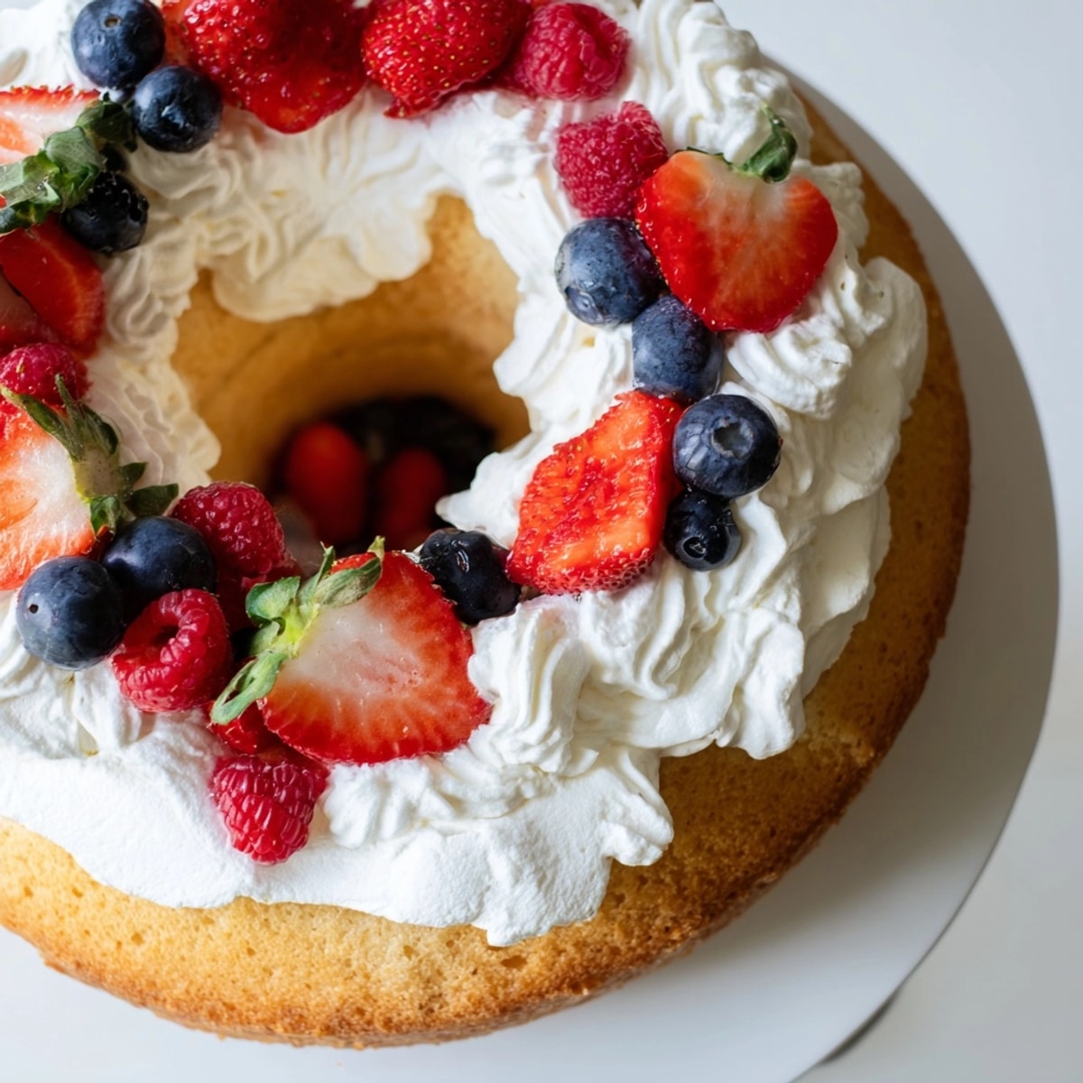 Fluted Mary Ann Cake pan filled with homemade whipped cream and juicy berries.