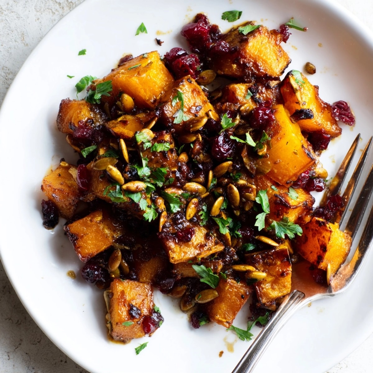 Vibrant Cranberry-Glazed Butternut Squash: Sweet, roasted squash with tart cranberry glaze and parsley.