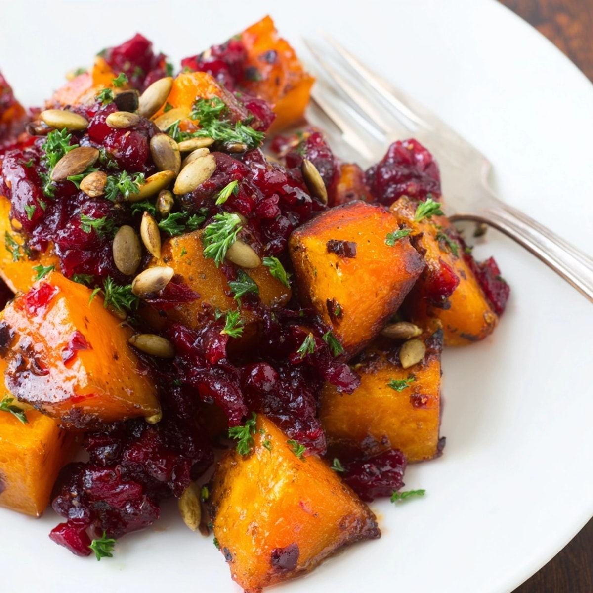Close-up of glistening Cranberry-Glazed Butternut Squash, a delicious and easy vegetarian autumn side.