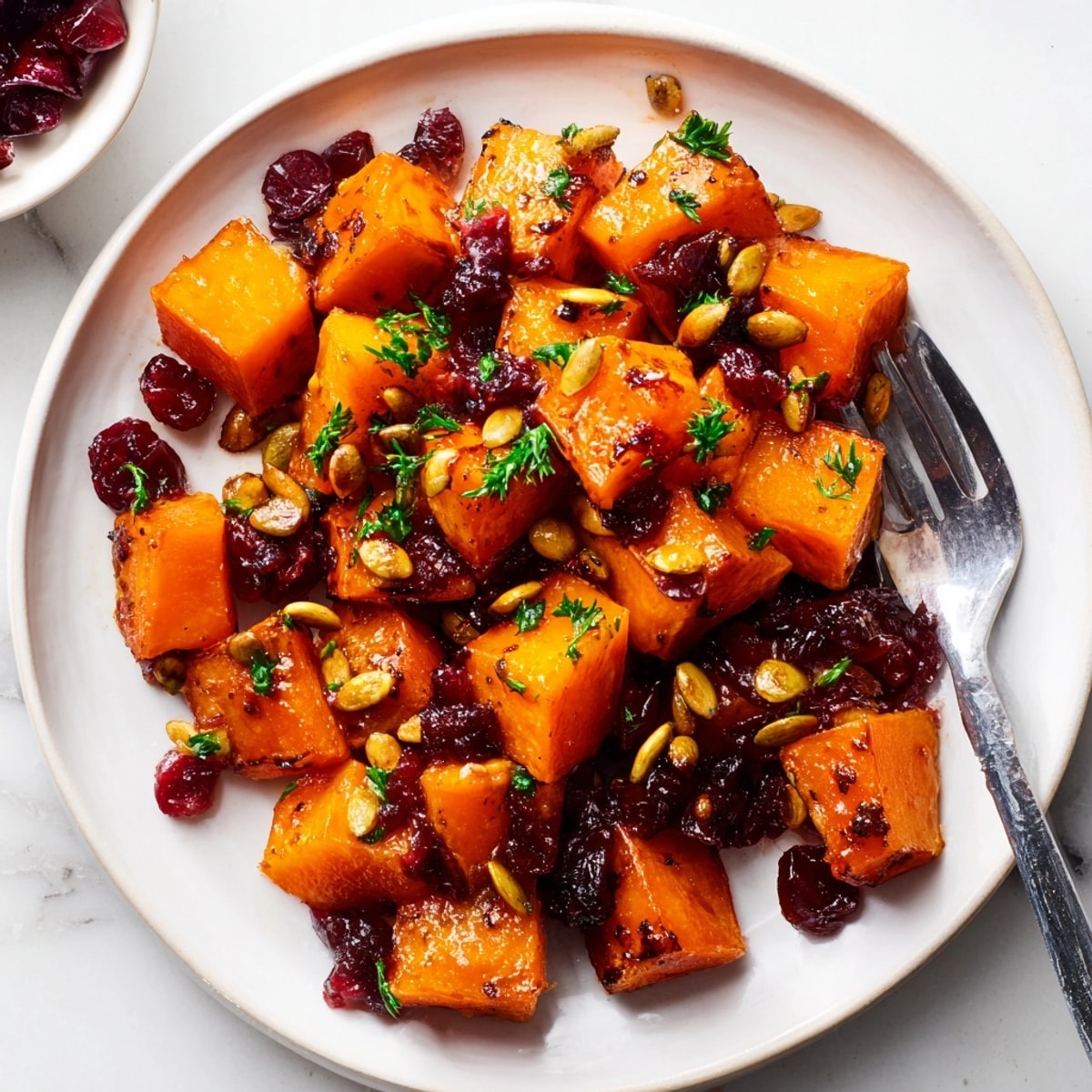 Golden Cranberry-Glazed Butternut Squash cubes coated in rich sauce ready for Thanksgiving dinner.
