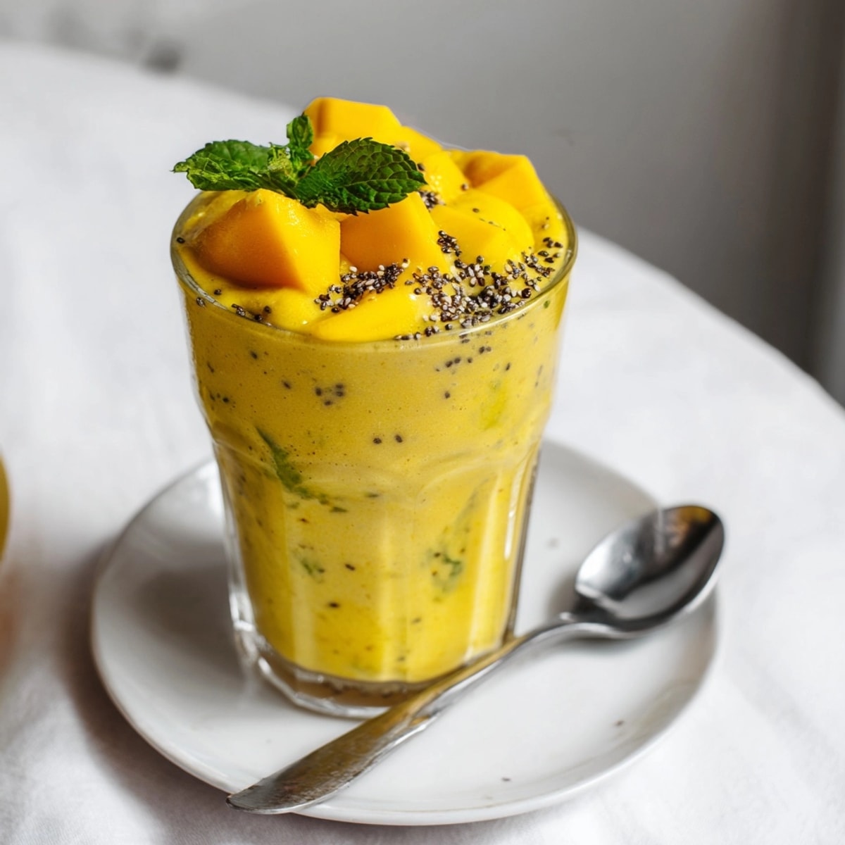 Creamy dairy-free mango smoothie swirls in a glass, invitingly garnished with fresh mango.