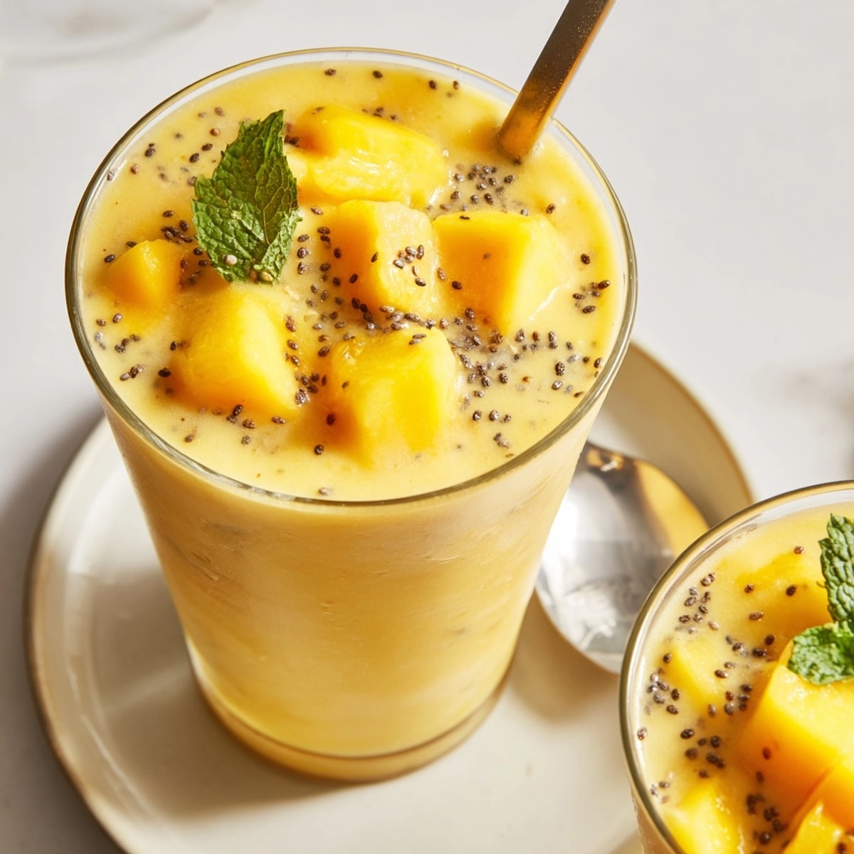 A vibrant, golden Dairy-Free Mango Smoothie, ready to sip, blended with coconut milk.
