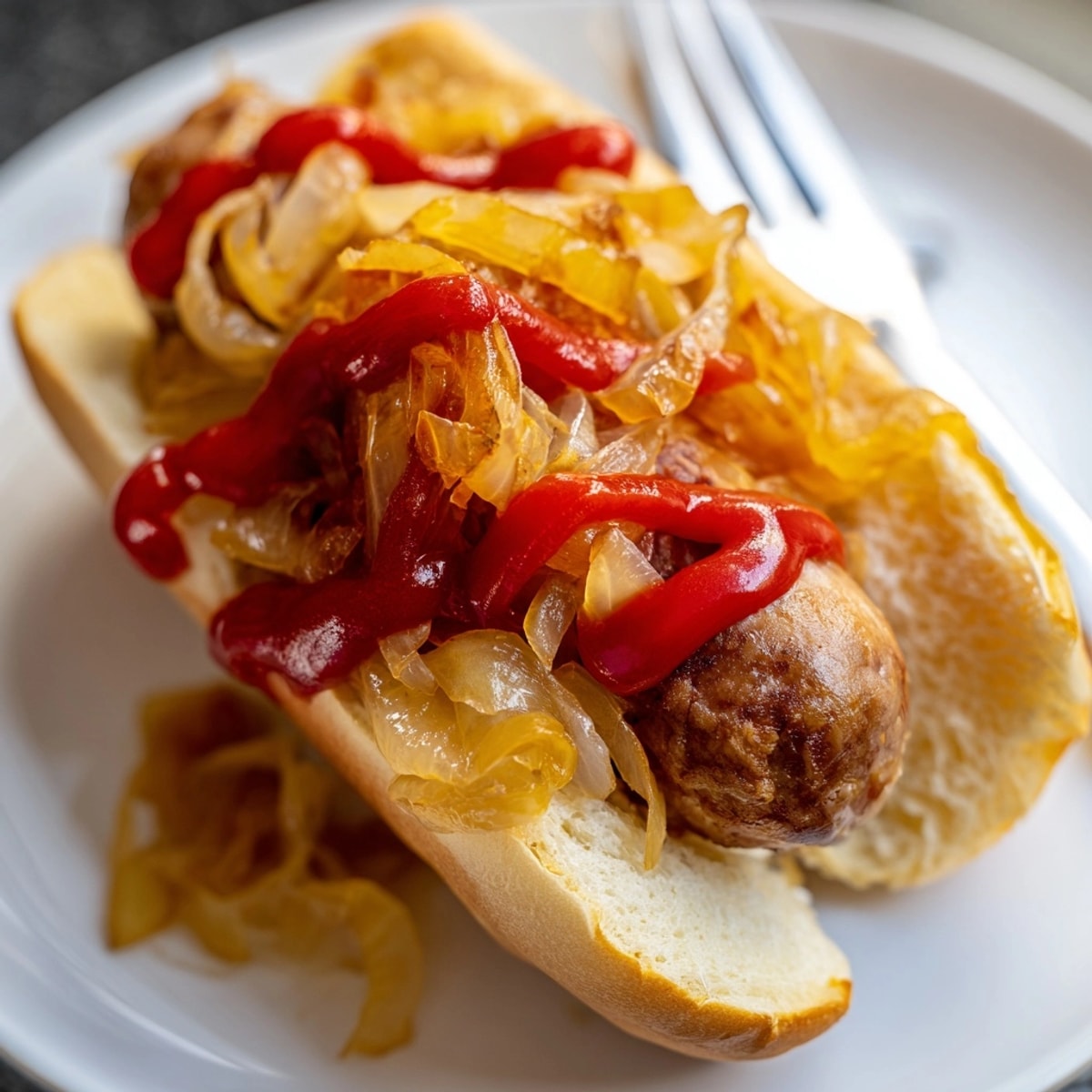 Juicy Hot Dog with Onions and Ketchup: golden onions and bright red ketchup.