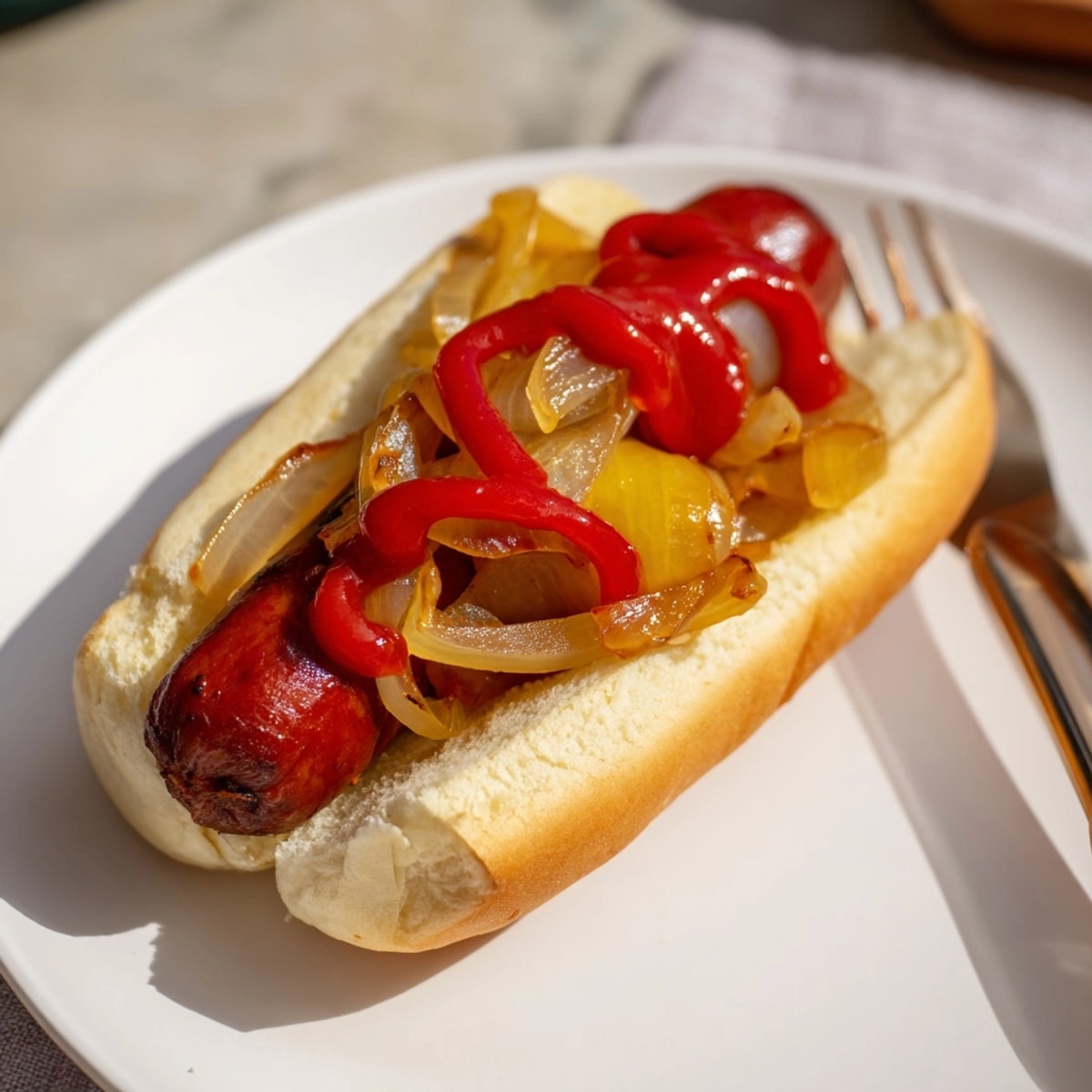 American Hot Dog with Onions and Ketchup: a quick, savory lunch recipe idea.