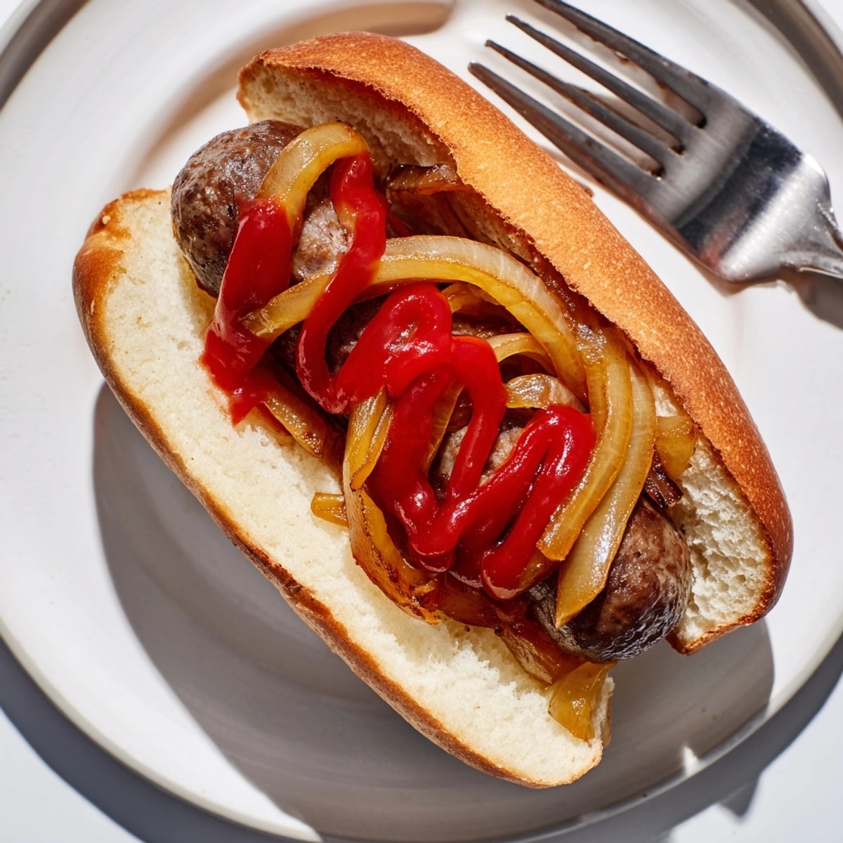 Warm, toasted Hot Dog with Onions and Ketchup: a classic, comforting meal.