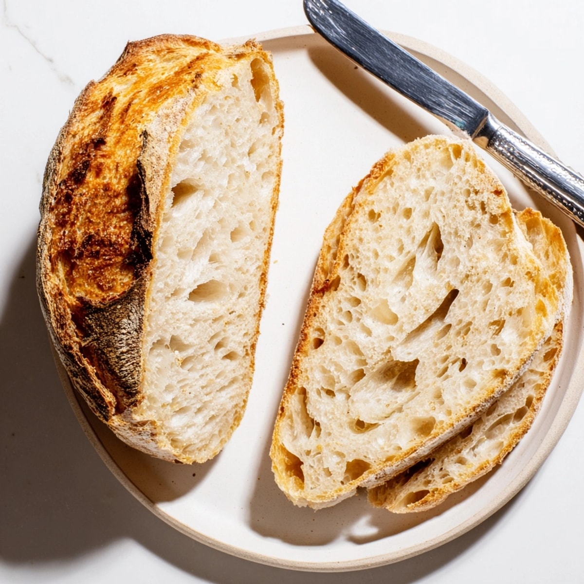 Freshly baked Classic Sourdough Bread: smells yeasty, with a crisp crust ready to slice.