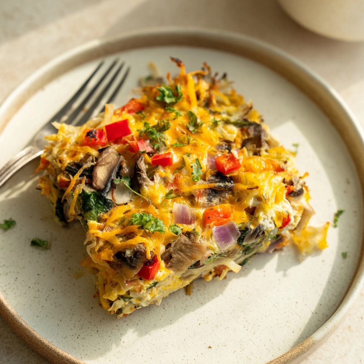 Golden, bubbling Egg-Free Breakfast Casserole; cheese melted over potatoes and colorful vegetables.