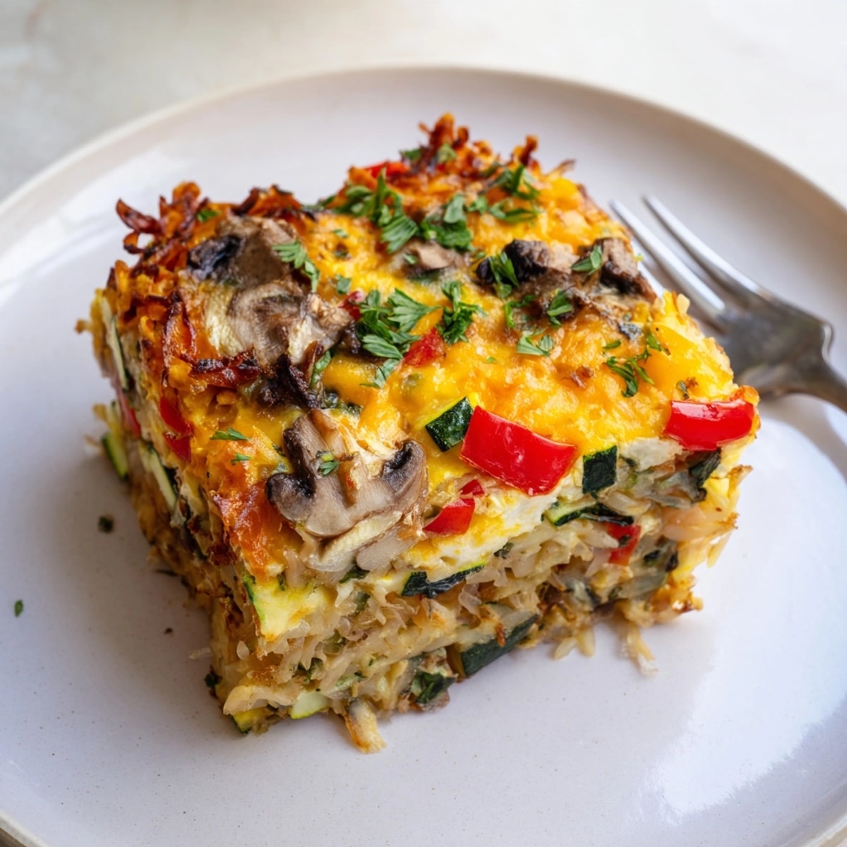 A slice of warm Egg-Free Breakfast Casserole, garnished with fresh parsley, steaming on a plate.