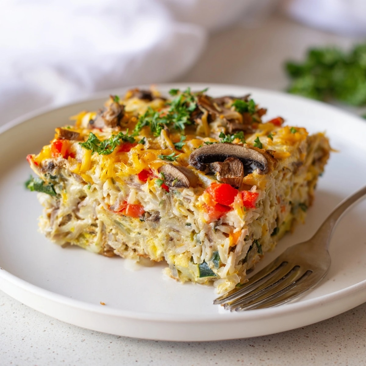 Homemade, easy Egg-Free Breakfast Casserole recipe: vibrant veggie layers baked to golden perfection.