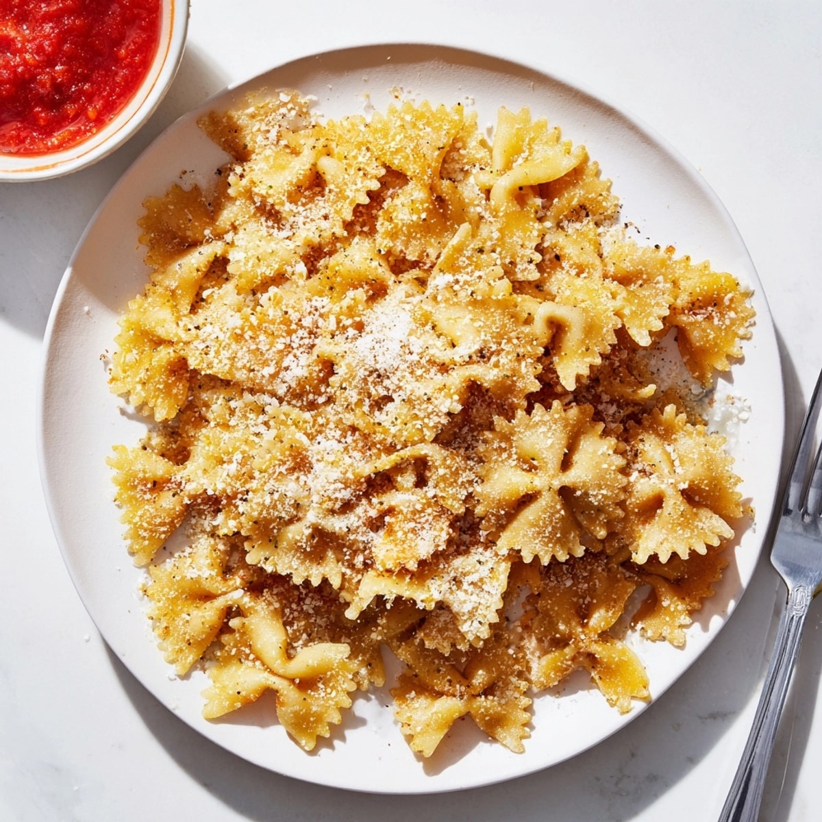 Golden Air Fryer Pasta Chips, seasoned and crunchy, ready for dipping into marinara.