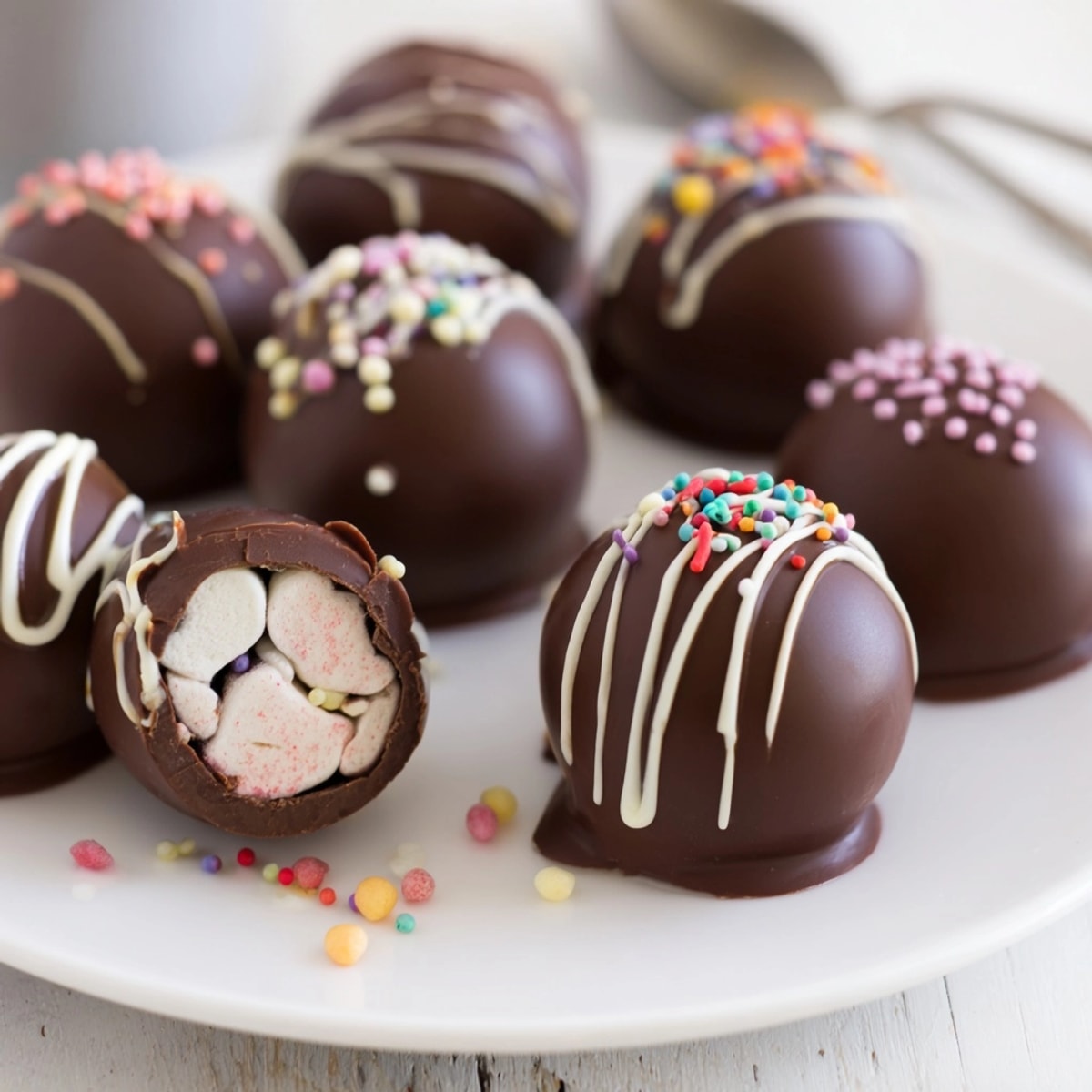 Rich Hot Chocolate Bombs dissolving in warm milk, topped with colorful sprinkles.
