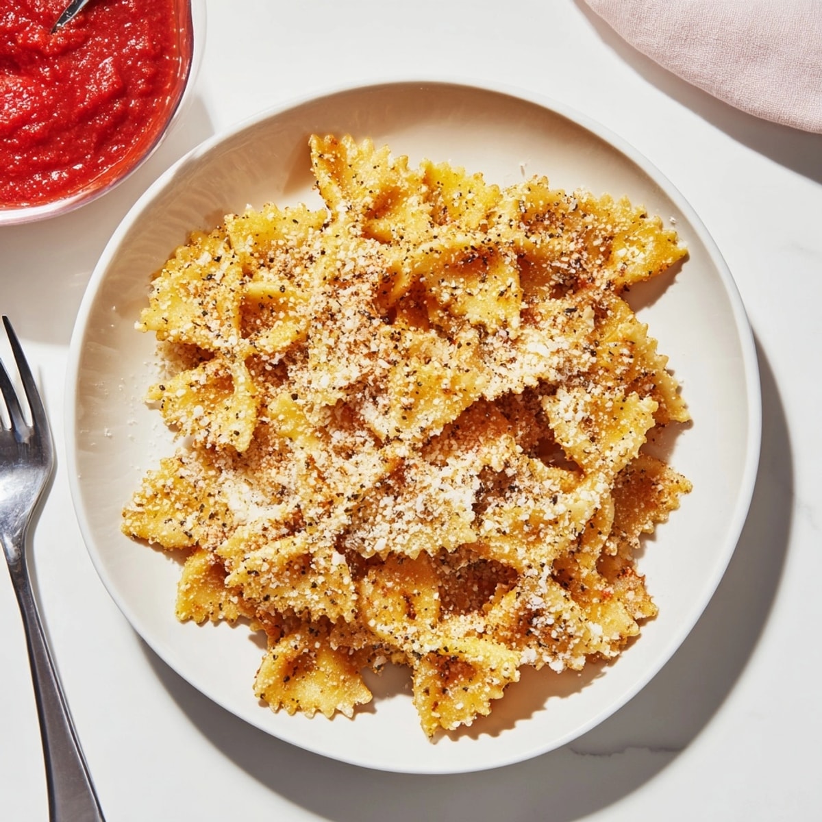 Homemade Air Fryer Pasta Chips recipe: A warm, cheesy, crispy, easy snack idea.