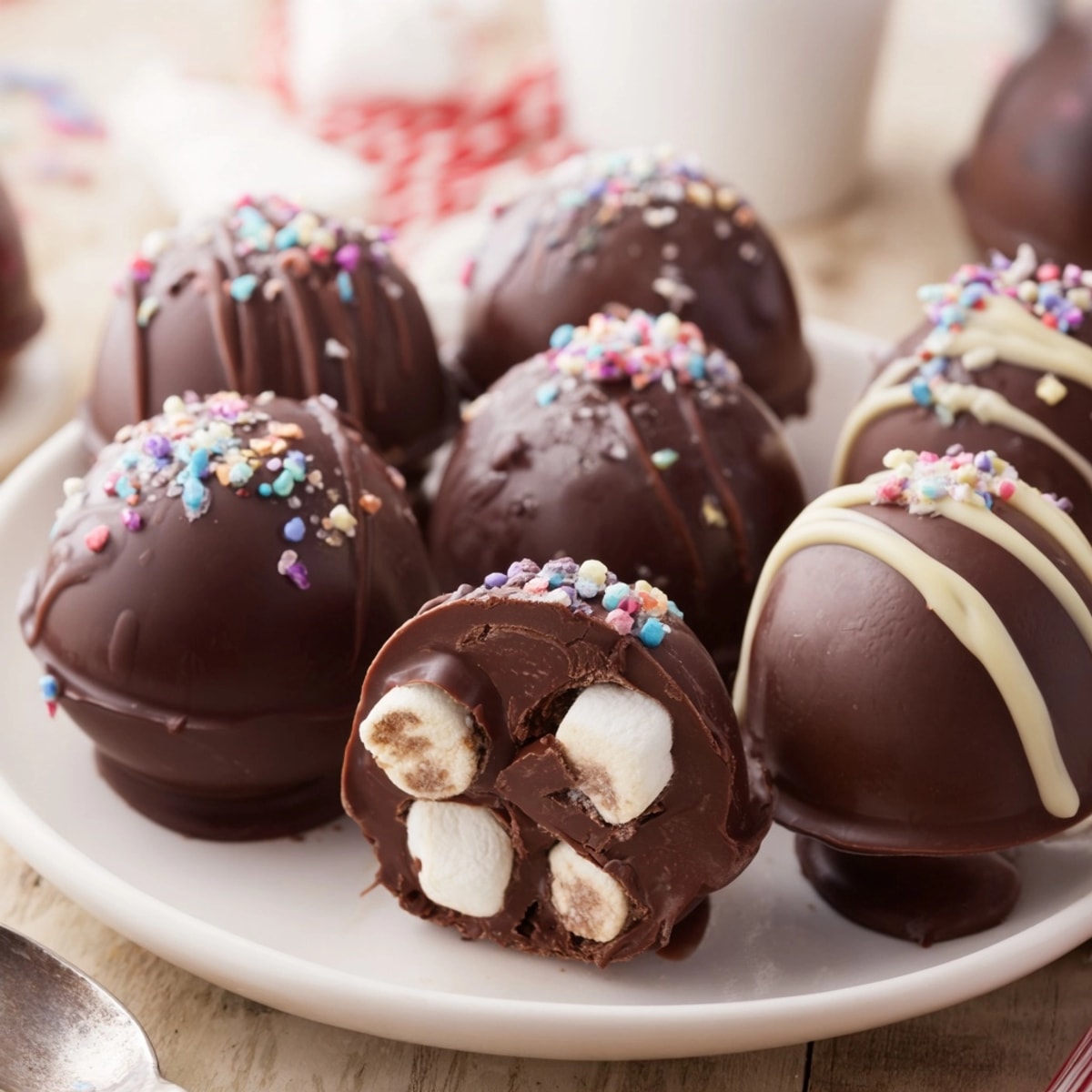 Shiny, dark chocolate Hot Chocolate Bombs glistening; make a cozy warm beverage within minutes.