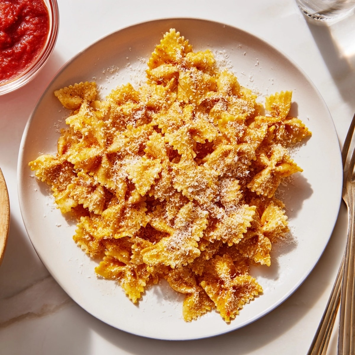 Close-up of hot Air Fryer Pasta Chips; perfect appetizer, full recipe inside.