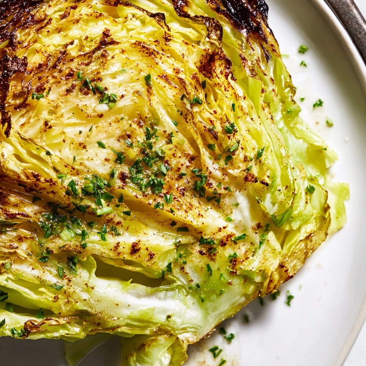 Savory Roasted Cabbage Steaks, caramelized edges, garnished with fresh parsley—a flavorful vegan dish.