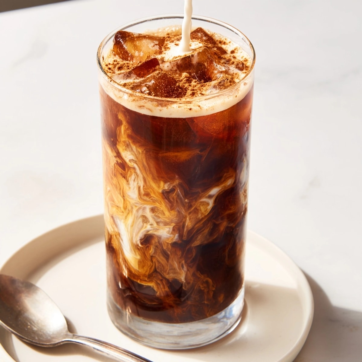 Iced Brown Sugar Shaken Espresso: A frothy, sweet coffee drink in a clear glass.