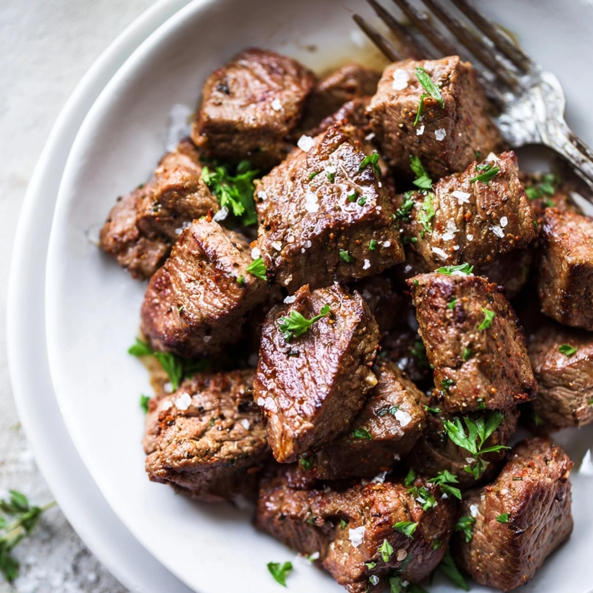 Golden, juicy air fryer steak bites, seasoned and ready to be devoured.