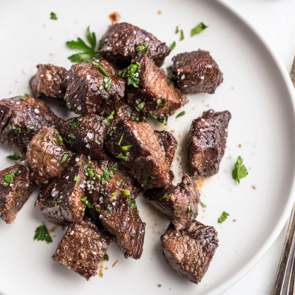 Close-up of savory air fryer steak bites glistening, sprinkled with fresh parsley.