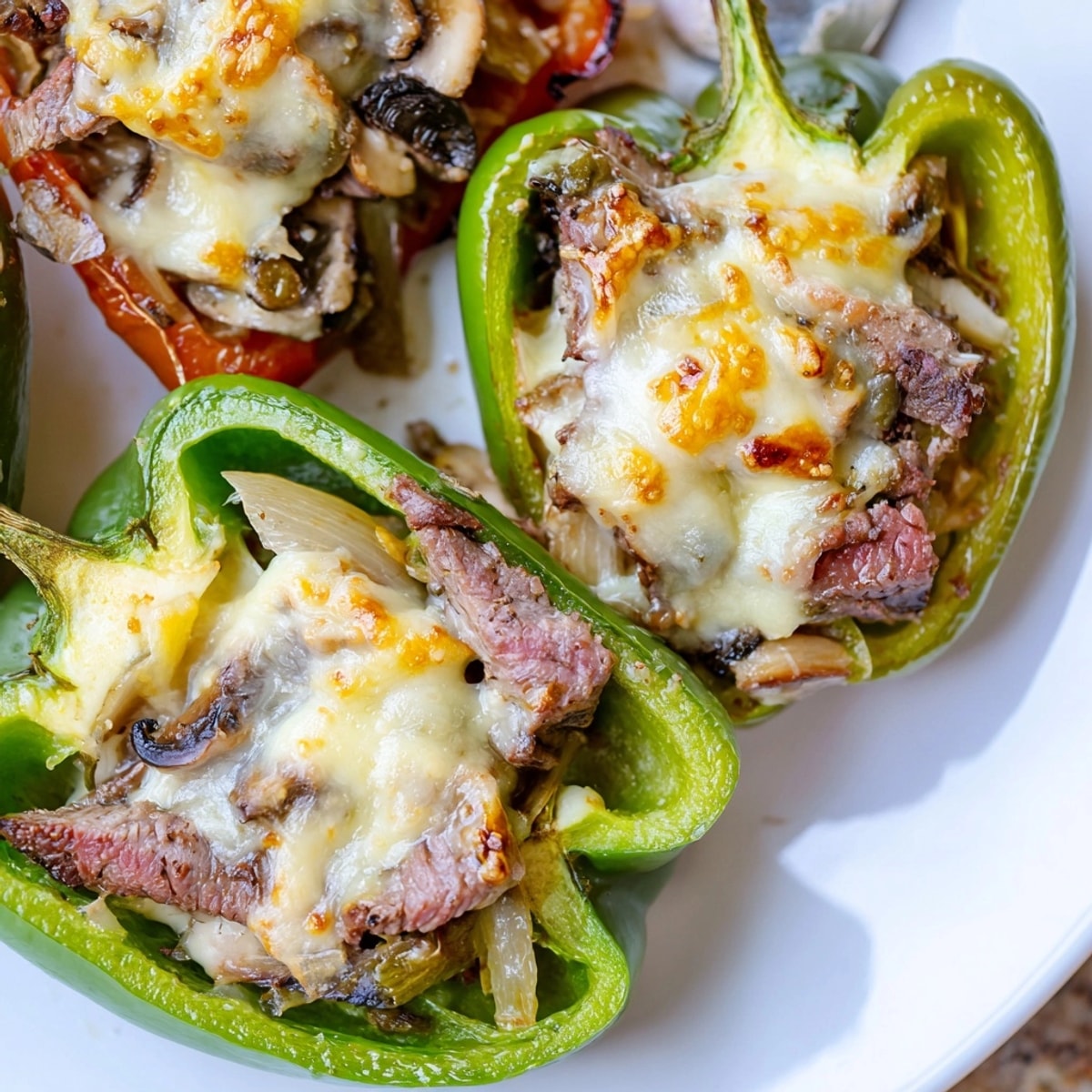 Golden, bubbling Cheesesteak Stuffed Peppers fresh from the oven, ready to be devoured.