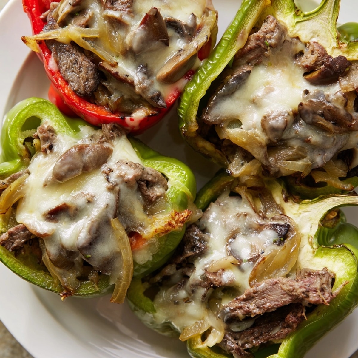 Savory Cheesesteak Stuffed Peppers with melted provolone, a hearty low-carb version of the classic.