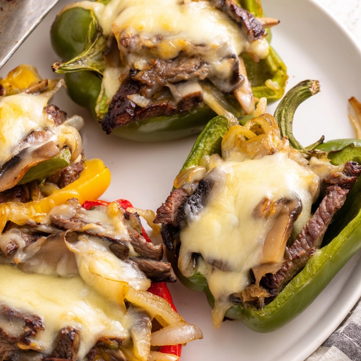 Close-up on juicy Cheesesteak Stuffed Peppers—steak, onions, and cheese overflow from roasted bell peppers.