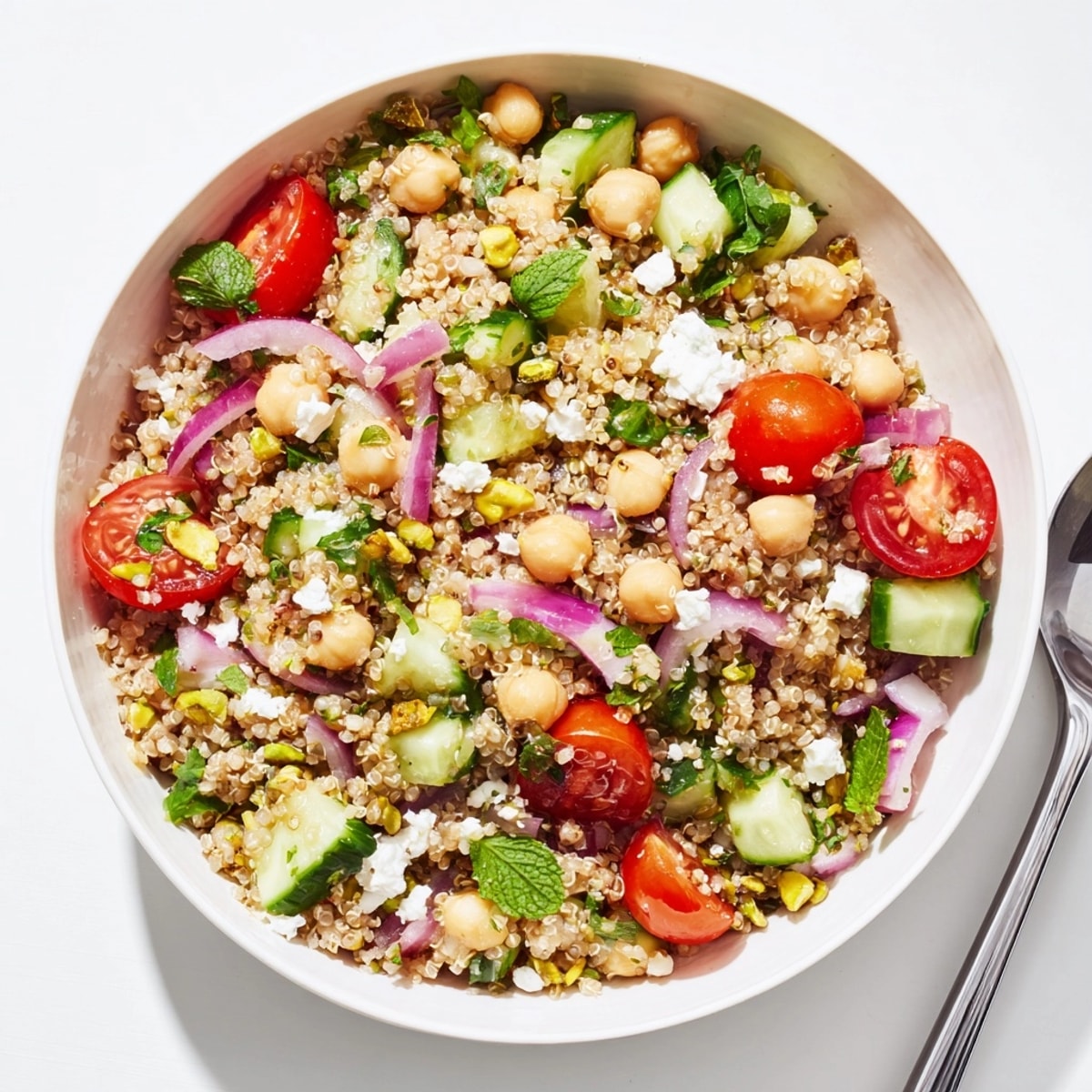 Close-up of vibrant Jennifer Aniston Salad, showcasing quinoa, herbs, feta, and glistening lemon dressing.