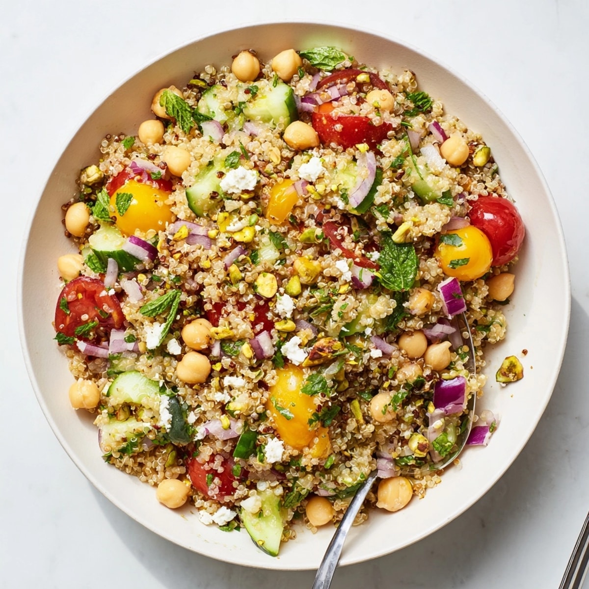 Overhead shot of the abundant Jennifer Aniston Salad, ready to serve as a flavorful lunch.