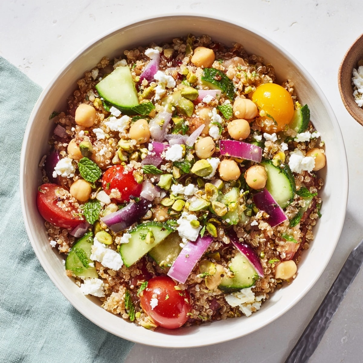 Textured Jennifer Aniston Salad: glistening quinoa, crunchy cucumbers, creamy feta on a white serving platter.