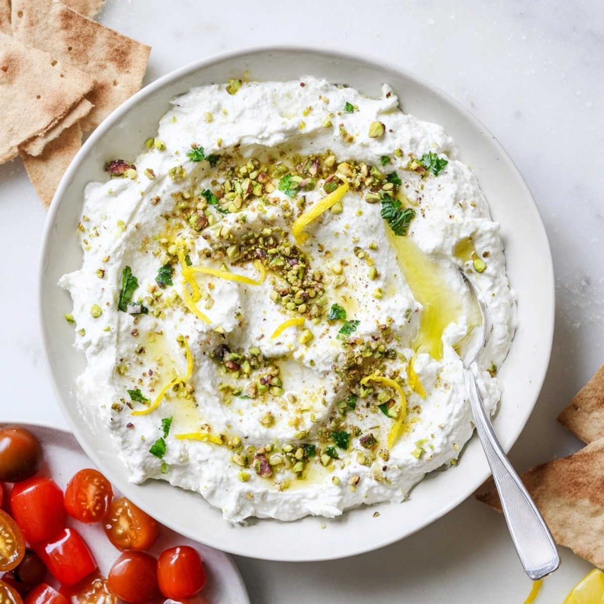 Creamy whipped feta dip drizzled with olive oil and sprinkled with fresh dill, ready to serve.