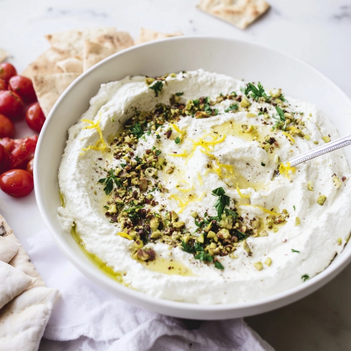 Tangy whipped feta dip recipe – a blend of smooth feta, yogurt, herbs, beautifully swirled.