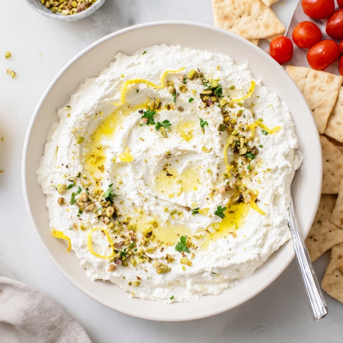 Mediterranean whipped feta dip served with crisp cucumber slices, a light and flavorful appetizer.