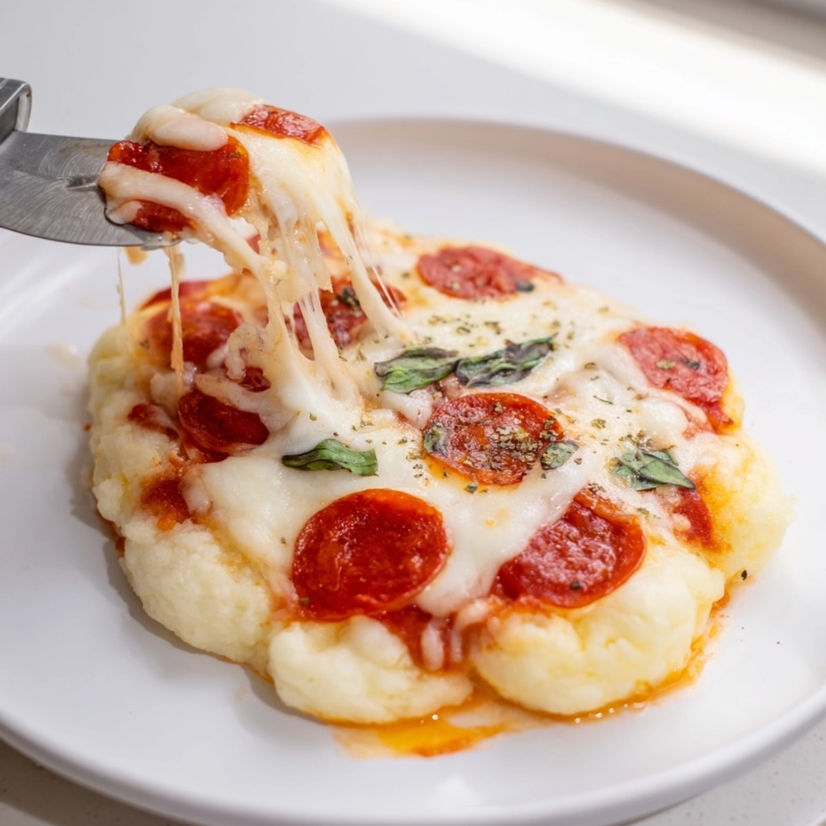 Golden Cloud Bread Pizza, topped with melted mozzarella and pepperoni, fresh from the oven.