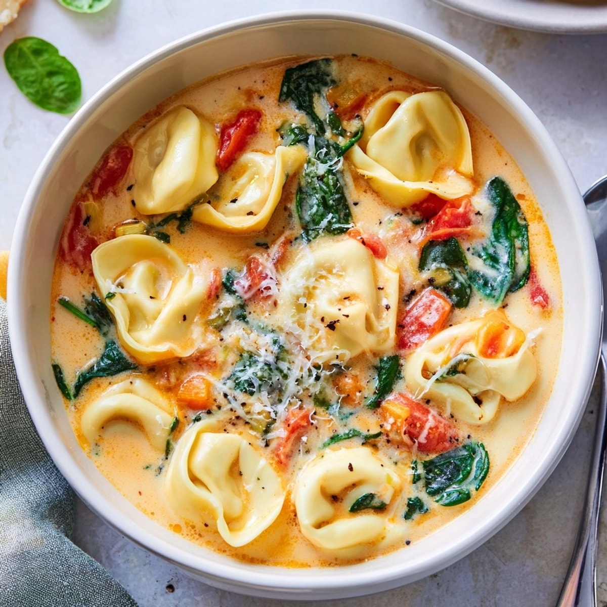 Bowl of Creamy Tortellini Soup: cheese pasta floats in a rich, tomato-y broth.