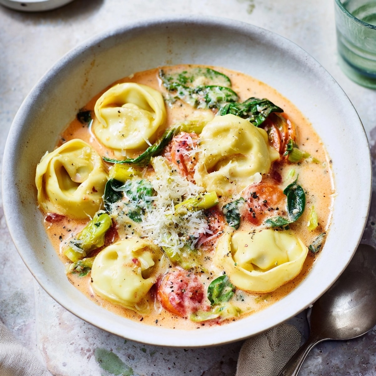 Comforting Creamy Tortellini Soup recipe: steam rises swirling from fresh parmesan garnish.