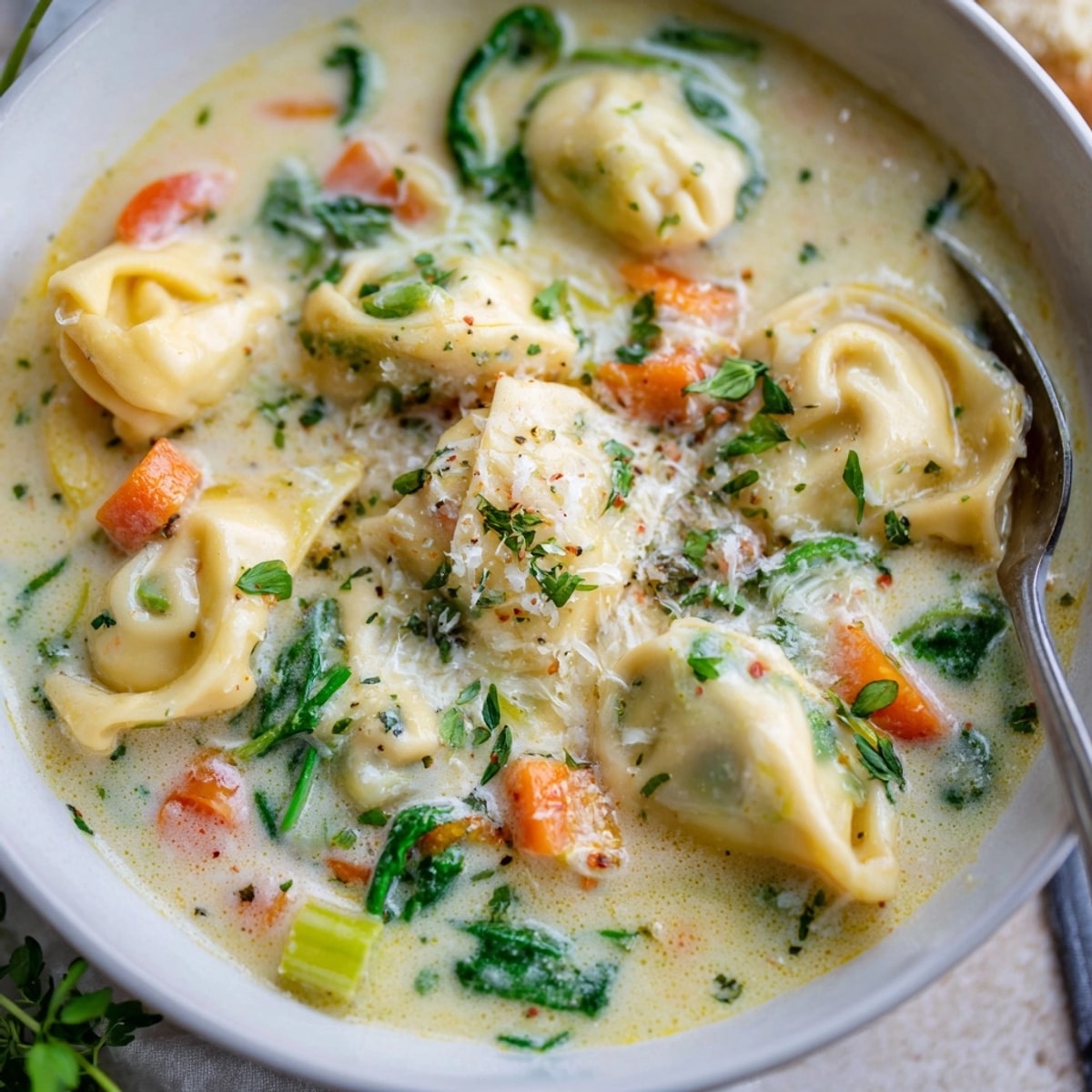 Close-up of a delicious Creamy Tortellini Soup recipe, with tender spinach.
