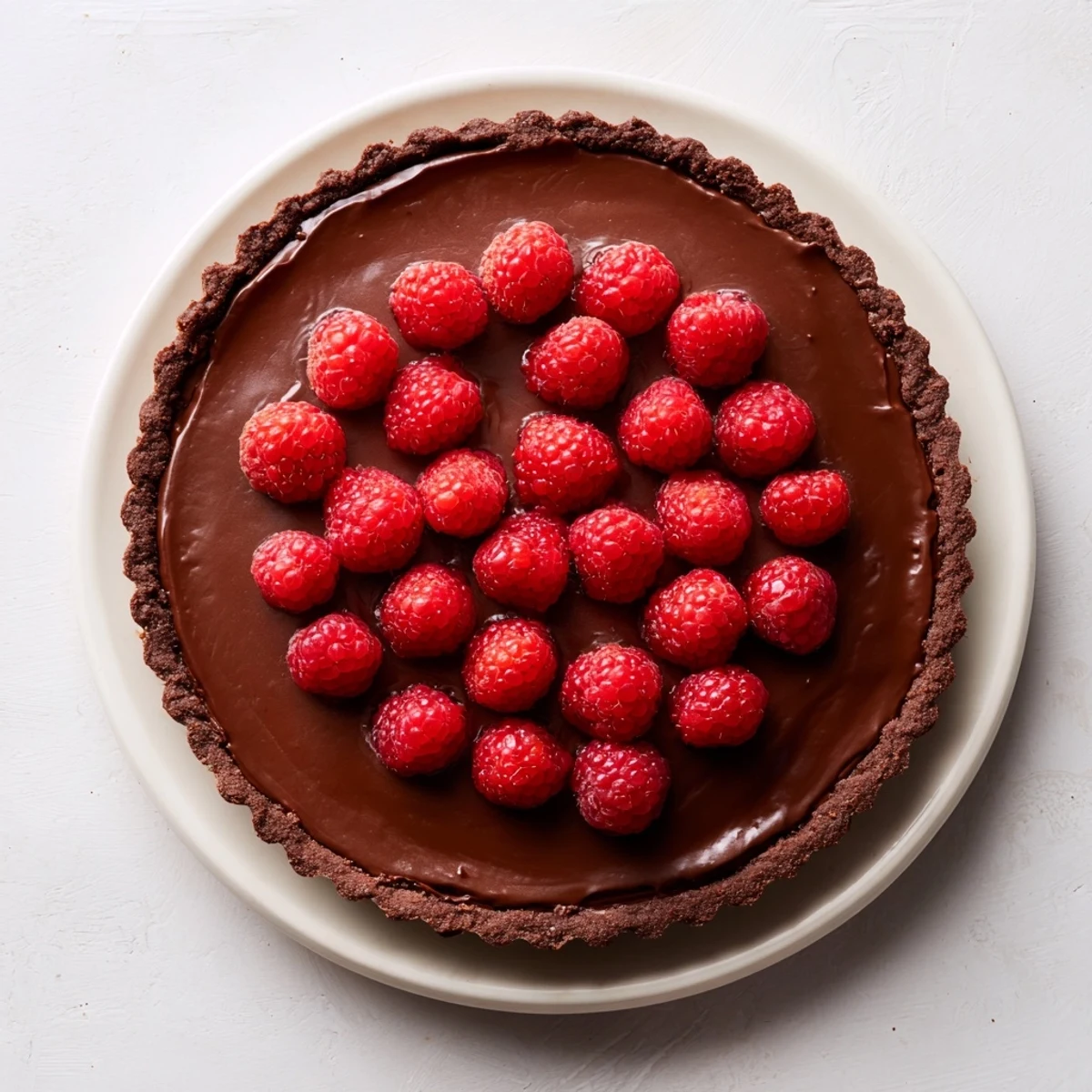 Decadent chocolate raspberry tart, showcasing glistening dark ganache and bright red berries.