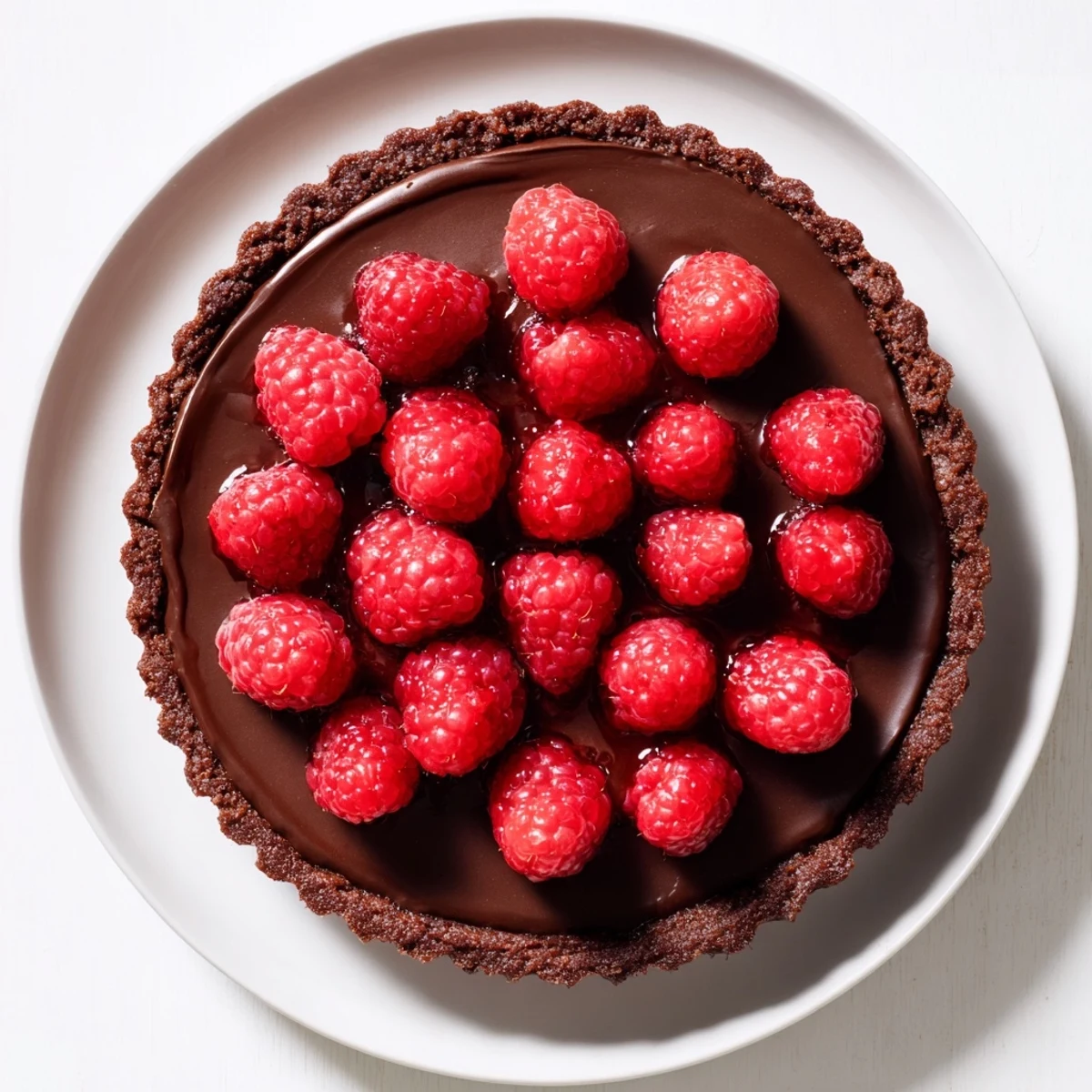 A close-up of a perfect chocolate raspberry tart: rich chocolate crust, creamy ganache, and fresh raspberries.