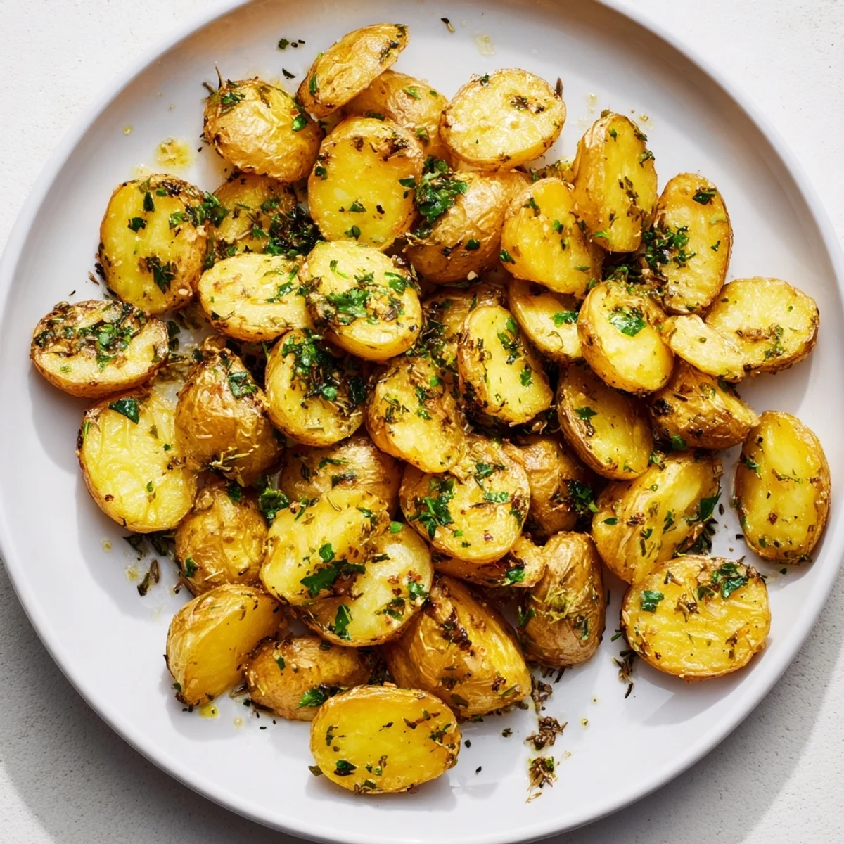 A close-up of perfectly roasted Garlic Herb Potatoes with visible herbs and golden brown edges.