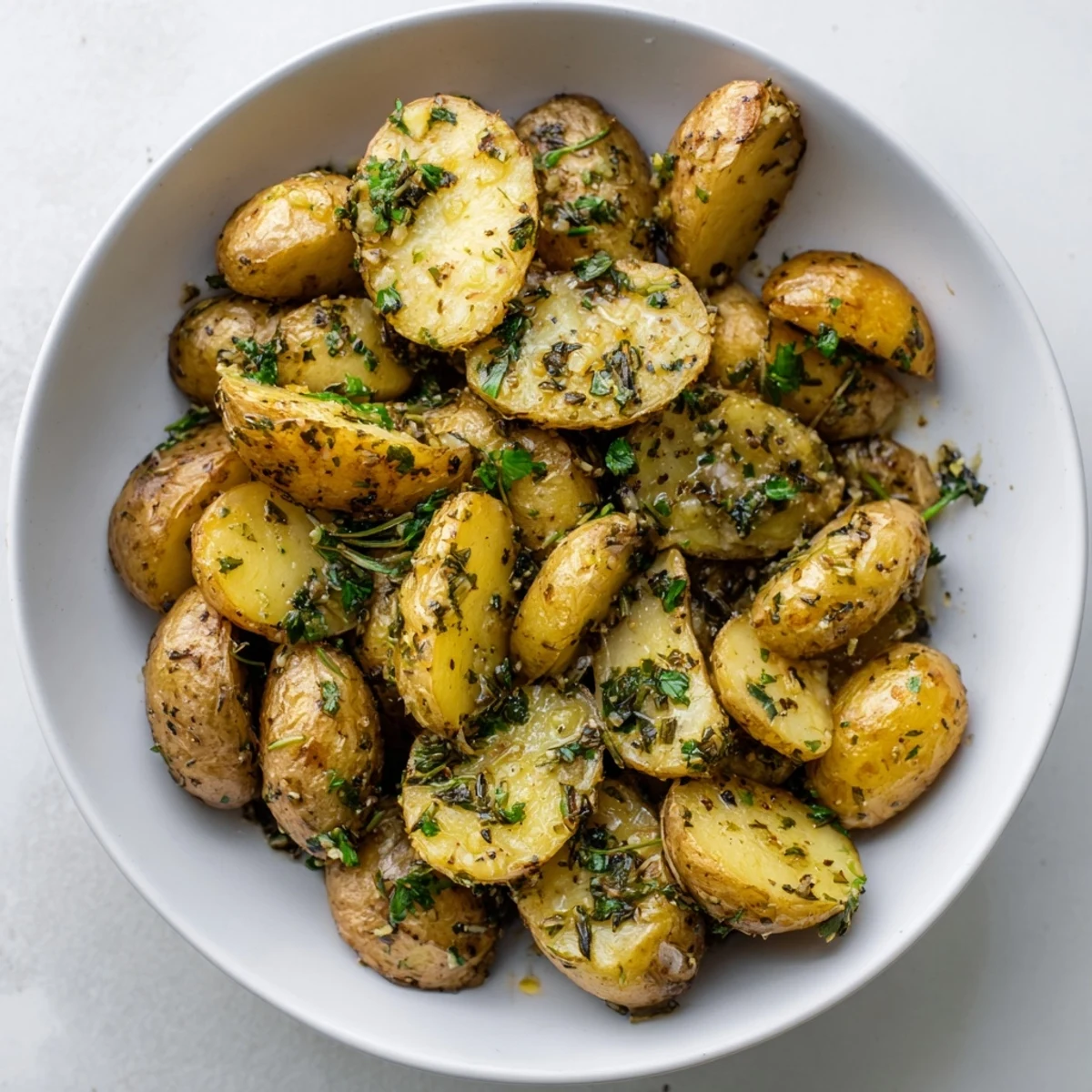 Savory Garlic Herb Roasted Potatoes with herbs, steaming and hot, a flavorful side dish.