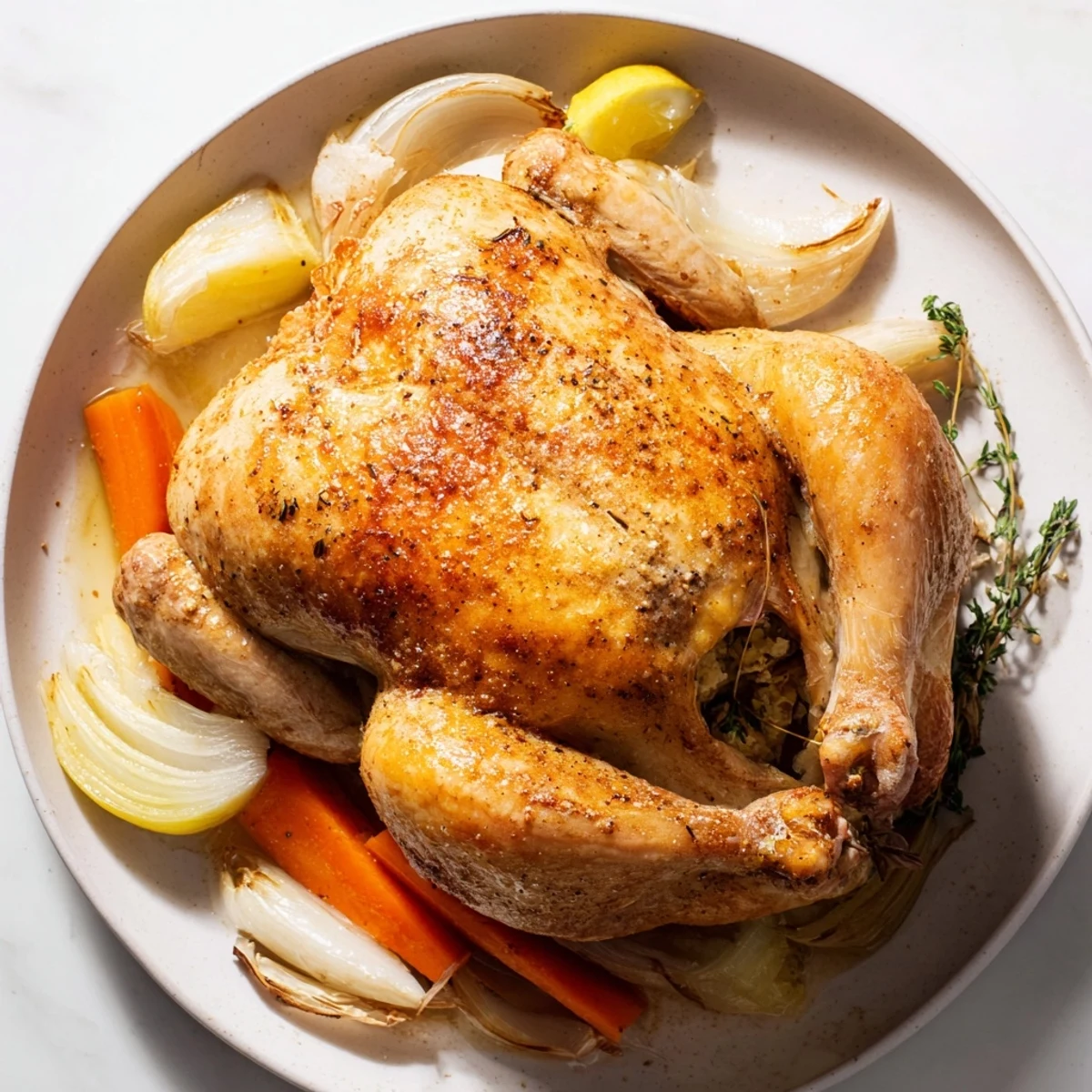A whole roasted chicken with lemon and thyme, the skin crispy and golden brown, ready for dinner.