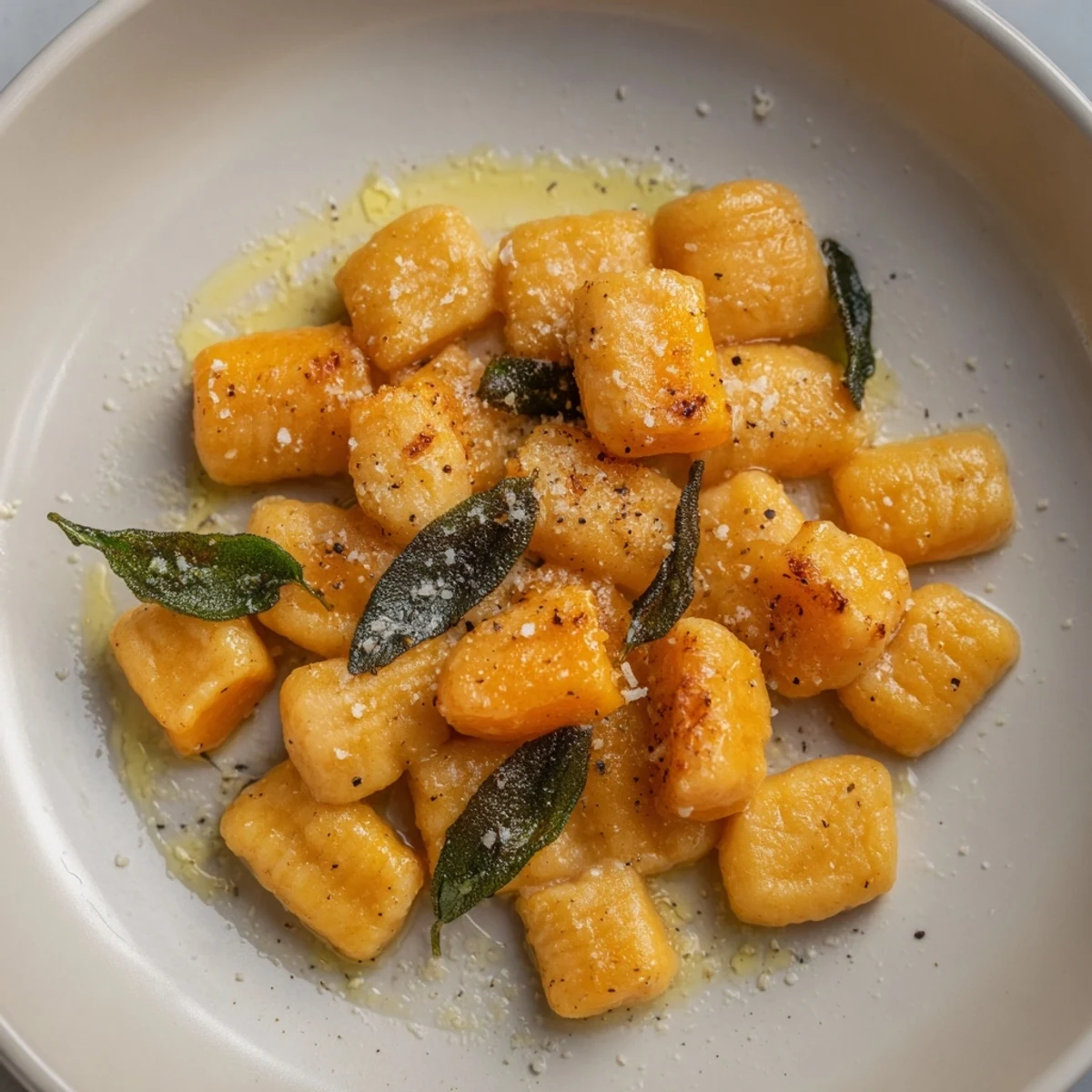 Fluffy, homemade butternut squash gnocchi, ready to be served, dusted with Parmesan, a vegetarian delight.