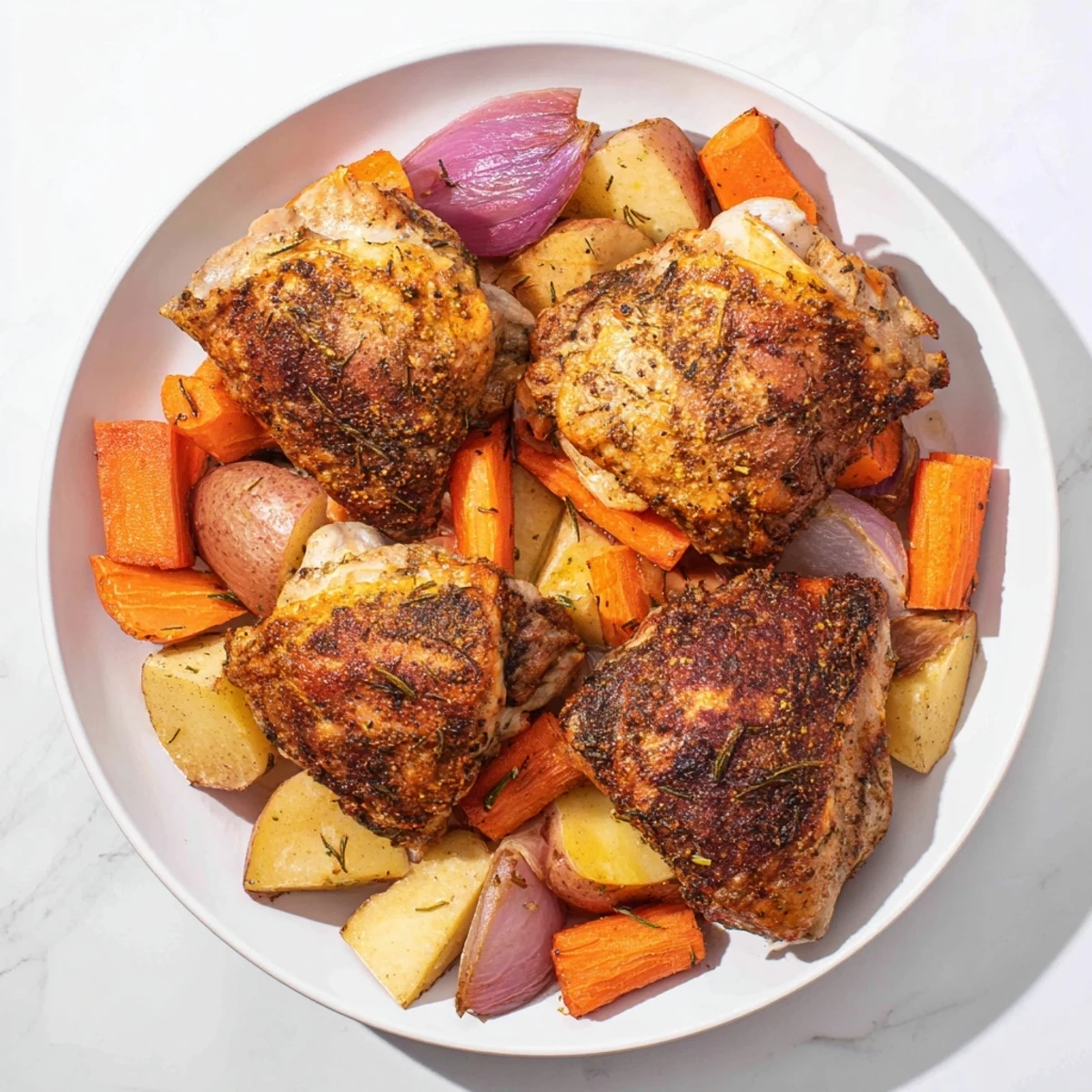 Golden-skinned roasted chicken thighs with savory taste, surrounded by tender root vegetables and herbs.
