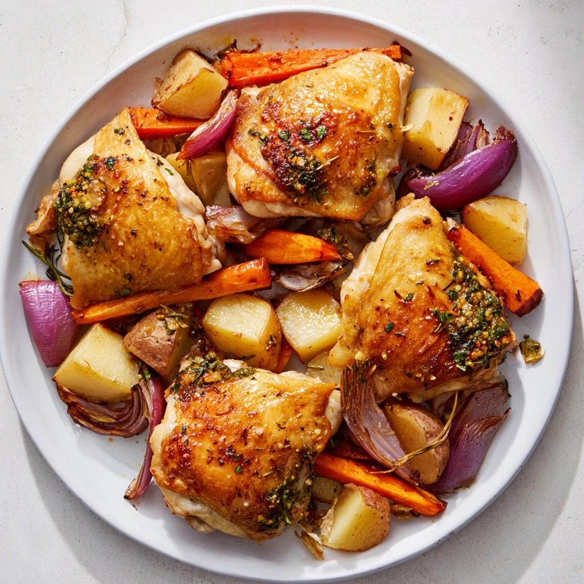 A close-up of a flavorful savory taste dish, cooked chicken thighs nestled with roasted carrots and potatoes.