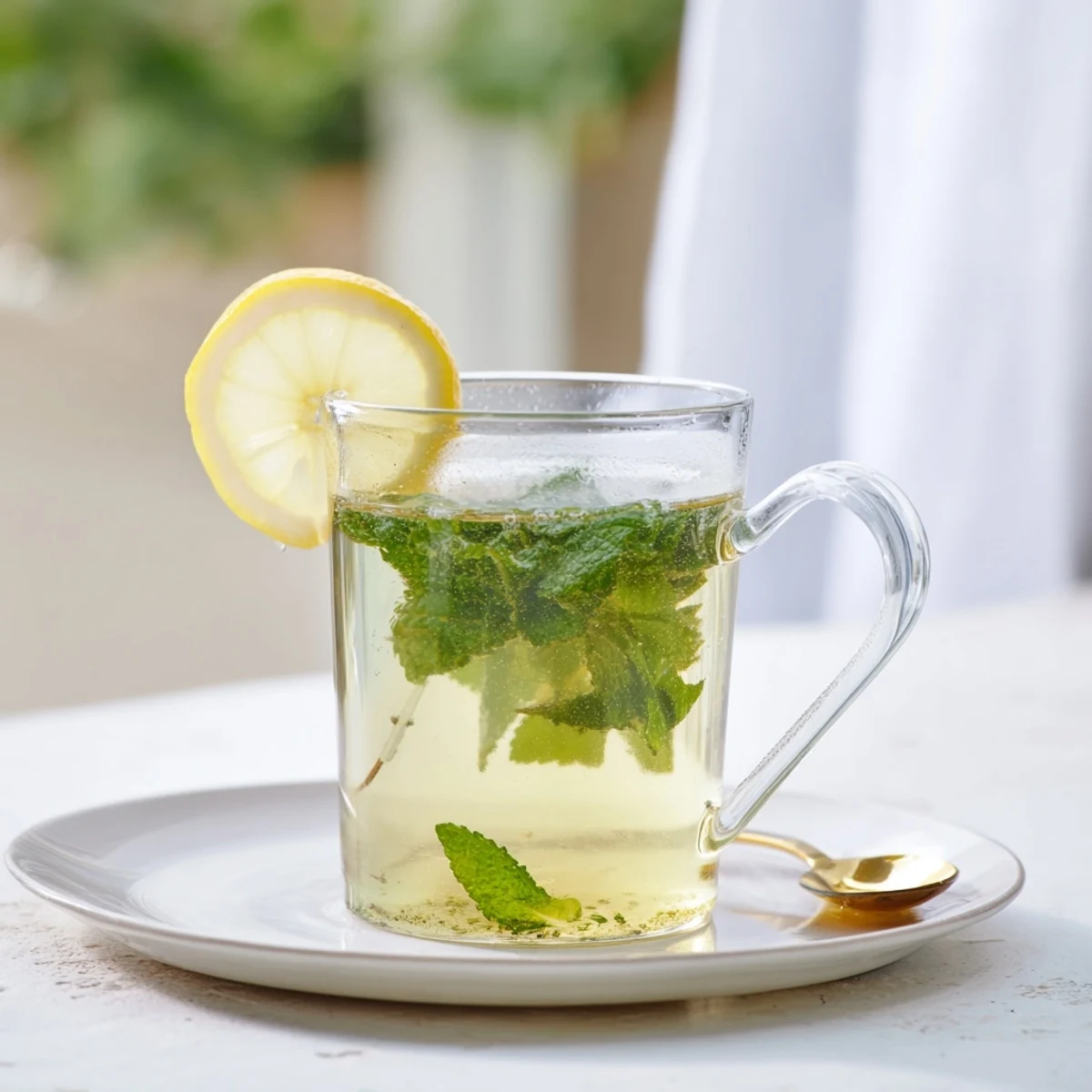 Steaming mug of peppermint tea with a vibrant green hue, ideal for a cozy, relaxing moment.